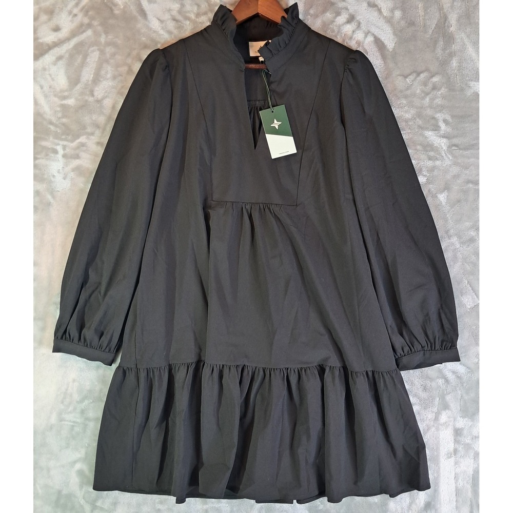 Tuckernuck Palmerston Dress Large L Black Ruffle Stand Collar Royal Shift NWT